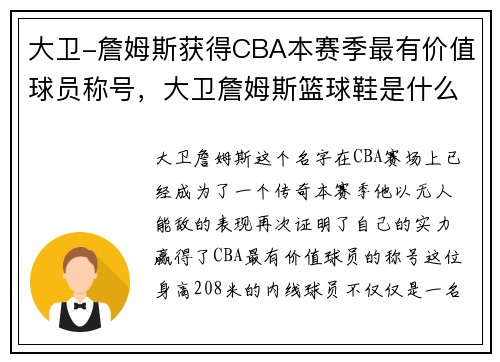 大卫-詹姆斯获得CBA本赛季最有价值球员称号，大卫詹姆斯篮球鞋是什么意思
