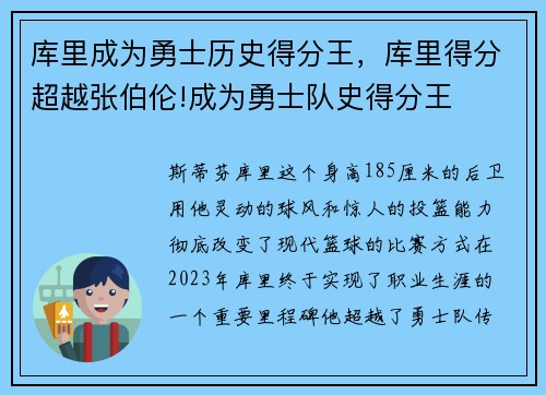 库里成为勇士历史得分王，库里得分超越张伯伦!成为勇士队史得分王