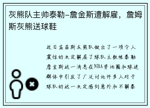 灰熊队主帅泰勒-詹金斯遭解雇，詹姆斯灰熊送球鞋