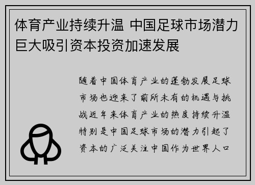 体育产业持续升温 中国足球市场潜力巨大吸引资本投资加速发展