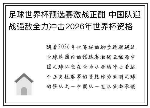 足球世界杯预选赛激战正酣 中国队迎战强敌全力冲击2026年世界杯资格