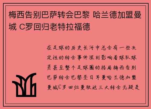 梅西告别巴萨转会巴黎 哈兰德加盟曼城 C罗回归老特拉福德