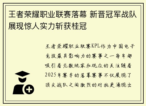 王者荣耀职业联赛落幕 新晋冠军战队展现惊人实力斩获桂冠